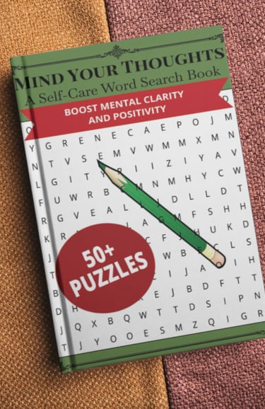 Mind Your Thoughts self-care word search book with a pencil on a textured background.
