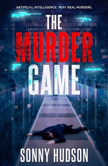 a man laying on a floor with a computer screen showing the words, the murder