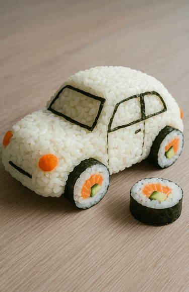 Voiture de riz avec roues en sushi pour la journée mondiale des sushis.