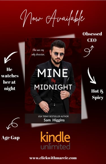 Romance book promo Pinterest pin for Mine by Midnight with trope callouts designed by Click With Ma