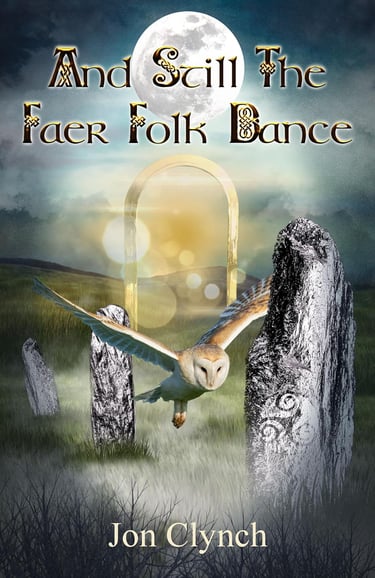A barn owl flying past prehistoric standing stones on rolling moorland by a mystical portal.