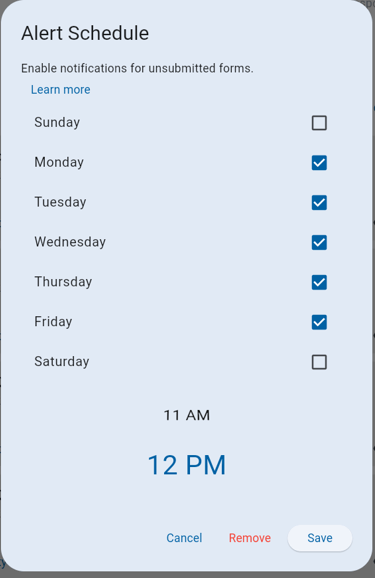 The pop up tab that comes up when you select the bell on the QC form tab. Allows you to select dates