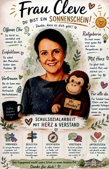 Grußkarte als Dank an Christine Cleve. Zeichnerisch dargestellt mit dem Äffchen "Mr. Monkey" im Arm.