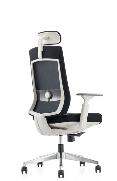 Black mesh chair with white backrest frame and headrest, angled rear view