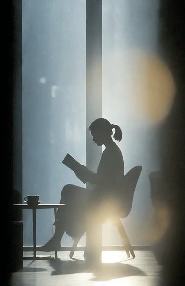 beautifully lit image of a woman reading bathed in early hours sunlight