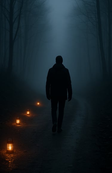 Person geht allein einen nebligen Weg mit kleinen Laternen – Symbol für sanfte Veränderung