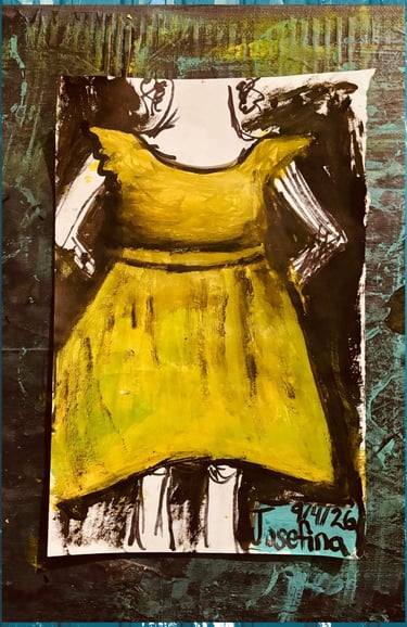 Hand-painted expressionist mixed media artwork of a girl in a yellow dress with a dark textured background.