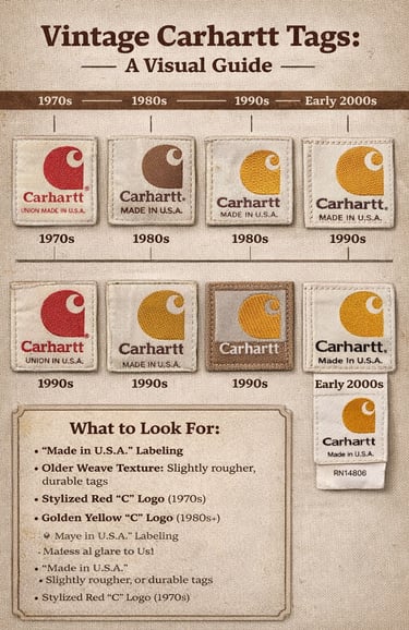 A visual guide to authentic vintage Carhartt clothing tags and logos from the 1970s to the early 2000s.