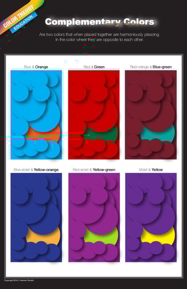 Color theory educational infographic showing six pairs of complementary colors in circles.