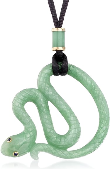 Jade Snake Pendant Necklace in 14kt Yellow Gold, Jade and Sapphire on Black Satin Cord
