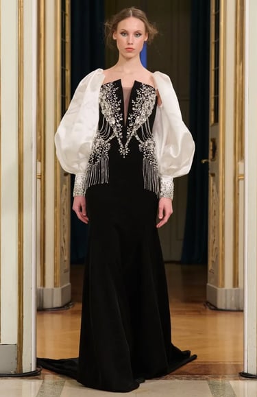Black and white embellished evening gown with statement sleeves – Chanços Spring Summer 2026.