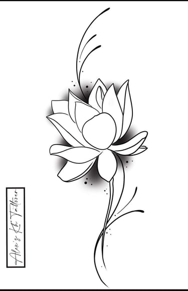 Illustration en noir et blanc d’une fleur de lotus stylisée, avec des courbes élégantes et raffinées