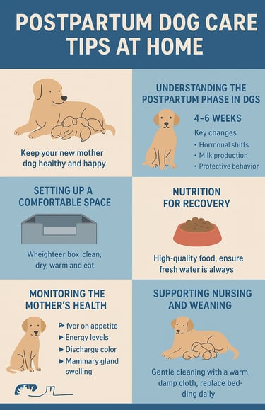 Infographic showing postpartum dog care tips at home including nutrition, nursing, and monitoring the mother's health.