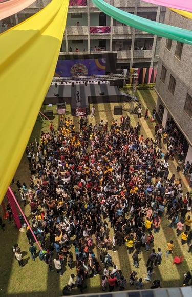 a large group of people gathered in a courtyard