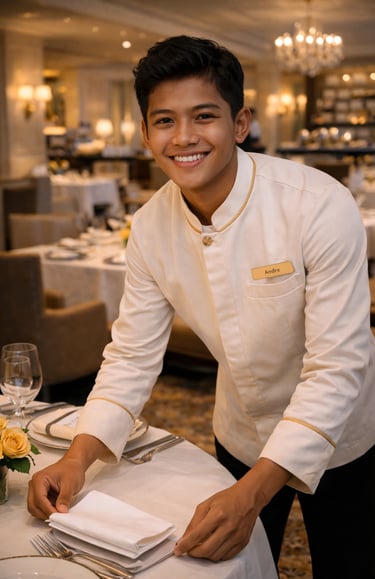 A smiling professional waiter in a white uniform setting a table in a luxury fine dining restaurant.