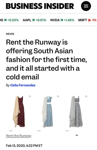 Business Insider: Rent the Runway offers South Asian fashion; Sani partnership began with a cold ema