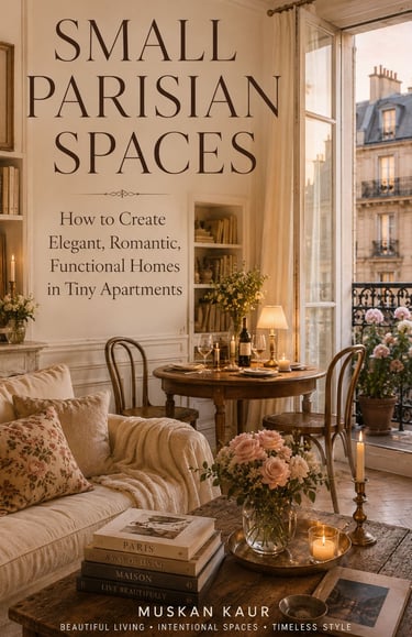 Elegant Parisian apartment interior with romantic decor, flowers, and a view of a city balcony.