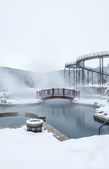 A picturesque view of a small red wooden bridge crossing a steaming thermal pool surrounded by deep 