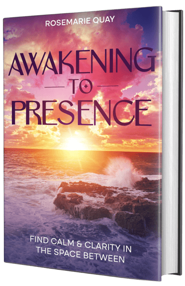 3d image Awakening to Presence ebook cover, dramatic sunrise over ocean, calm, clarity the space between.