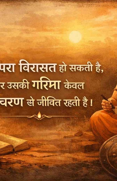 परंपरा और आचरण पर आधारित उद्धरण के साथ भारतीय सांस्कृतिक प्रतीकात्मक चित्र — ऋषि, दीपक और ज्ञान का वातावरण