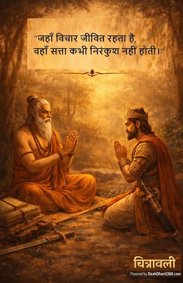 भारत की ऋषि परंपरा का प्रतीकात्मक चित्र जहाँ एक ऋषि राजा को धर्म और विवेक की शिक्षा देता हुआ दिखाया गया है