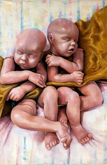 Oil painting of sleeping reborn dolls wrapped in a gold silk blanket.