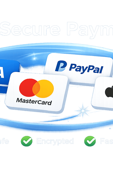 Secure payment options including Visa, Mastercard, PayPal, and Apple Pay for safe encrypted checkout.