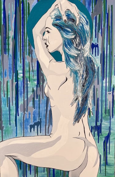 Femme nue debout, vue de trois quarts dos en plan américain, la tête de profil tournée à gauche.