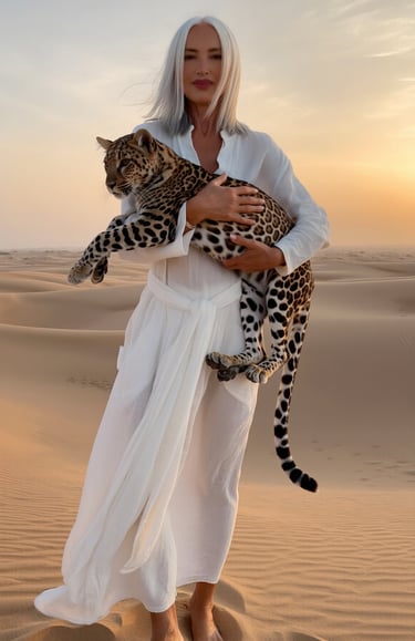 Private jet planner nel deserto, abito bianco, felino in braccio.