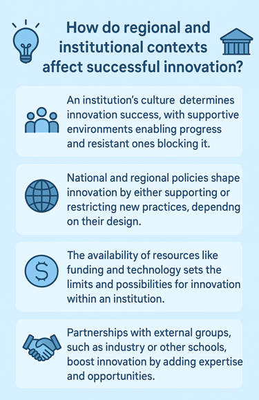 Impact of regional contexts, culture impacts success, local policies, reproducing, partnerships
