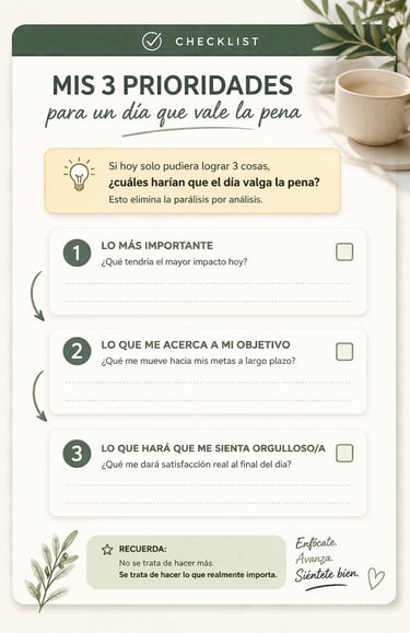 Checklist minimalista de 3 prioridades diarias para mejorar enfoque y productividad.