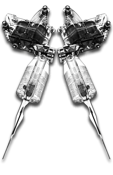 Symmetrical black and white artistic rendering of professional coil tattoo machines against a grid background.