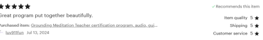 Five-star customer review for the Grounding Meditation Teacher certification program.