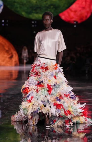 Chanel Spring Summer 2026 – Satin blouse with rainbow feather skirt.