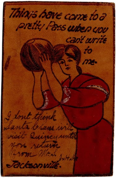 1905 Rare Leather Postcard of Woman holding a basketball