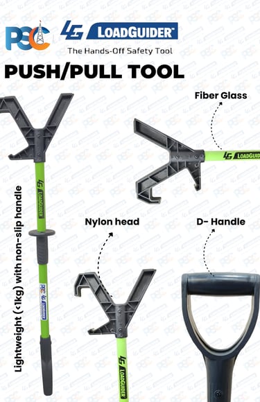 Hands-free lifting safety website design for PSC LoadGuider push pull stick with blue footer and cle