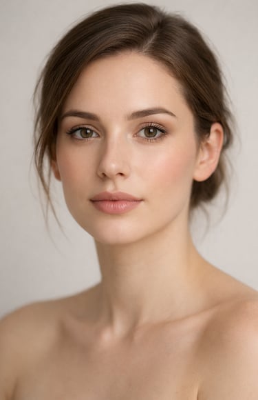 Portrait of a woman with natural makeup and glowing skin featuring neutral tones and an elegant updo.