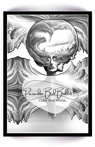 Surreal art coloring page of a woman's head in a bizarre landscape