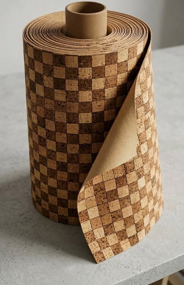 Roll of natural cork fabric with a checkered pattern for eco-friendly interior design.