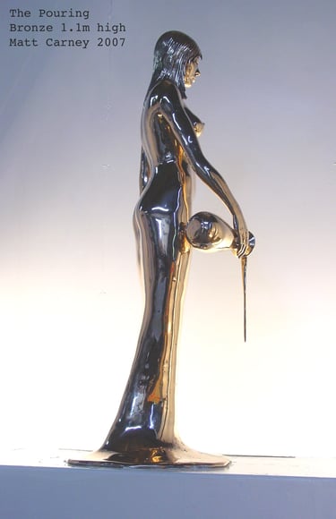 Shiny bronze sculpture of a woman pouring from a carafe rear view