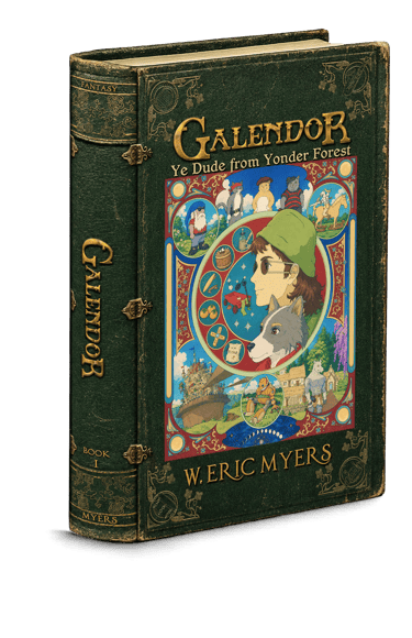 Galendor: Ye Dude from Yonder Forest, antique green leather hardcover mock-up, whimsical illustrations, Art Nouveau layout