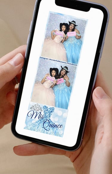 Cell phone showing girls in photo strip in quince gowns taken at a Quinceañera Mirror Photo Booth.