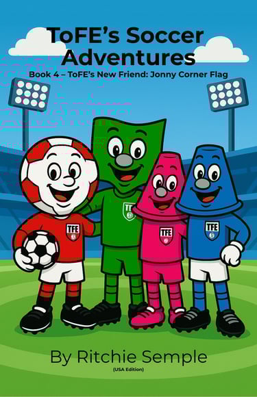 Bright football stadium background with green pitch, red seating, floodlights, and clear sky.