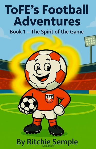 ToFE mascot sitting on the ground smiling, wearing his red kit, drawn in the ToFE art style.