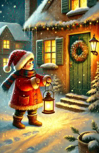 Alt text: Bambino con lanterna davanti a una casa illuminata durante la notte di Natale.
