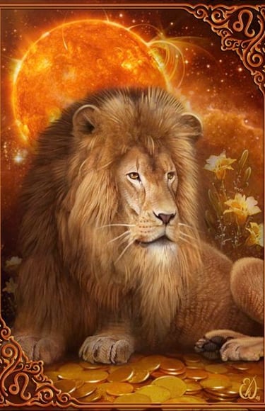 Un lion assis devant le soleil
