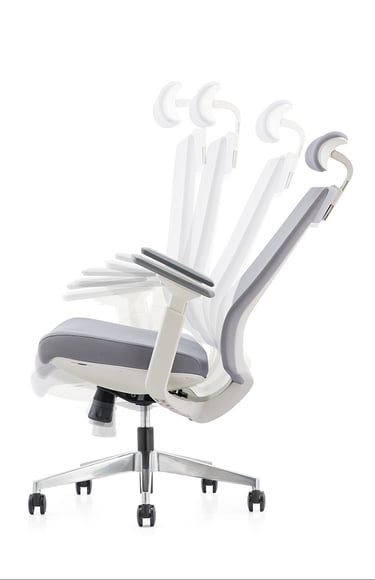 Mesh chair with white frame shown in recline positions, dynamic side view
