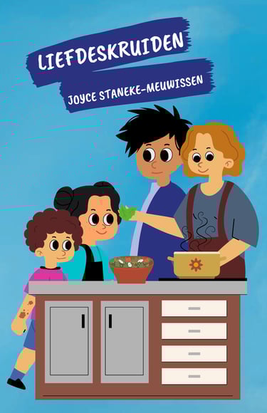 voorkant van boek liedjeskruiden met de ouders en de kinderen achter een keukeneiland