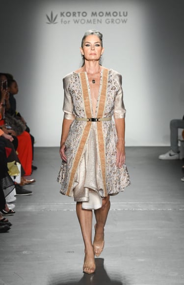 model on ramp walk wearing dress made from hemp fabric