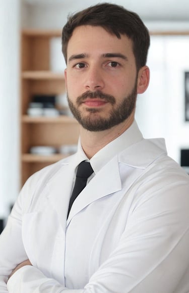 Dr. Gabriel Benevides, cirurgião de quadril, vestindo jaleco em seu consultório particular na região